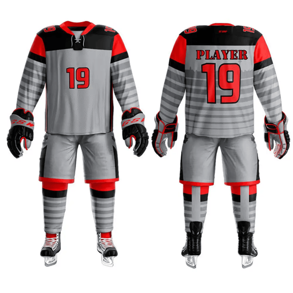Crimson Gray Stripe Hockey Uniform