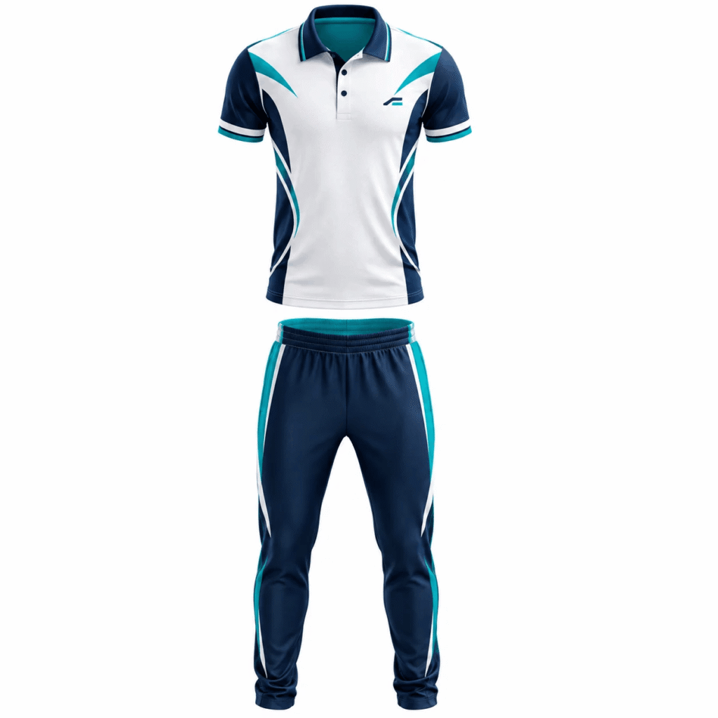 White Navy Teal Cricket Uniform